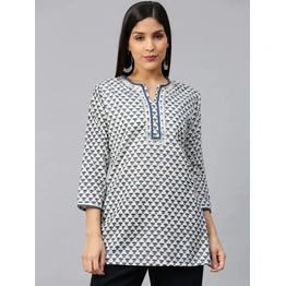 Bhama Couture Women White & Navy Blue Printed Straight Kurti