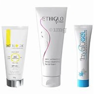 Ethicare Remedies Combo Pack of 360 Block Sunscreen Gel SPF 50+ 50gm, Ethiglo Face Wash 70ml & Hyalugel 30gm