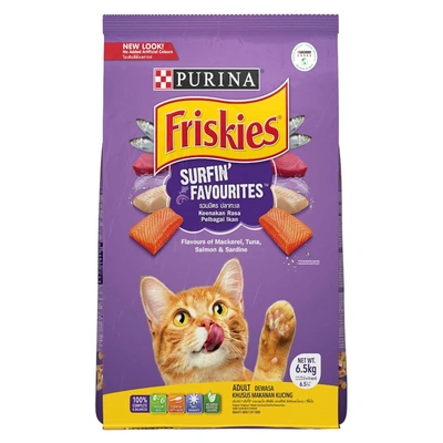 Purina FRISKIES Surfin' Favourites Dry Adult Cat Food, Mackerel Tuna Salmon & Sardine Flavours, 6.5kg