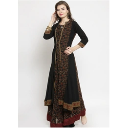 Women Black & Brown Floral Print Fusion Georgette A-Line Kurta