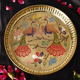 BulkySanta Pure Brass Plate with beautiful peacock design | Premium Peacock Design Pooja thali (Size - 9 inches) (1)