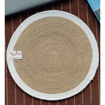 BulkySanta Cotton Place mats 38 cm (15") Round Table Mats, Heat Resistant, Reversible Use, Washable (White-Brown) (Pack of 1)