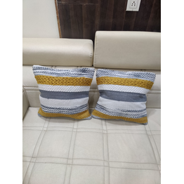 BulkySanta Handtufted Cotton Cushion Covers for Sofa - Set of 2 (Grey/White/Yellow, 16x16 inches)