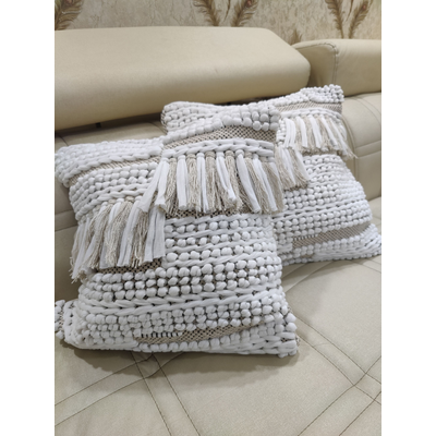 BulkySanta Handtufted Cotton Cushion Covers for Sofa, 16 in x 16 in (2, Heavy Knotted – White Grey)