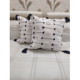 BulkySanta handtufted Cotton Cushion Covers for Sofa, 16 in x 16 in (2, White Black Stitch)