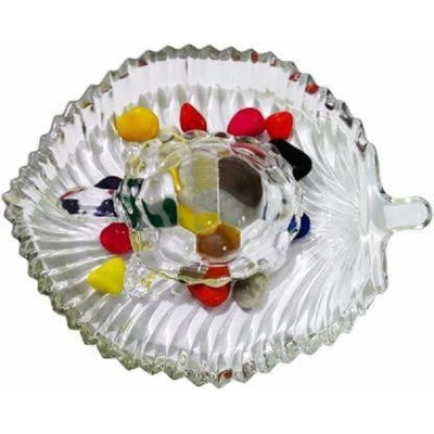 craftfry Crystal Tortoise with Leaf Shape Plate / Tray for Long Life & Good Luck Decorative Showpiece - 6 cm (Glass, Clear) Decorative Showpiece - 6 cm (Crystal, Multicolor)