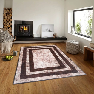 Anti-Slip Rug (3x5ft), Brown Geometric Distress Border