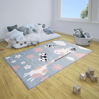 Anti-Slip Kids Rug (3x5ft), Blue Animals Giraffe