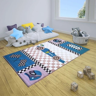 Anti-Slip Kids Rug (3x5ft), Blue Racing Car