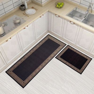 Anti-Slip Runner & Floor Mat Combo, Black Gold Greek Single Line (50x120cm)