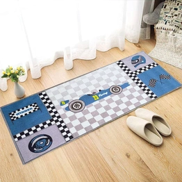 Anti-Slip Kids Runner Floor Mat, Blue Racing Car , 50x120CM