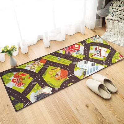 Anti-Slip Kids Runner Floor Mat, Green Car Track City, 50x120CM