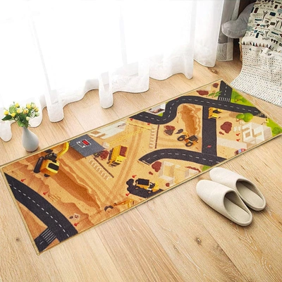 Anti-Slip Kids Runner Floor Mat, Brown Car Track Construction Site, 50x120CM