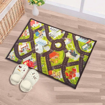 Anti-Slip Kids Multipurpose Floor Mat 40x60CM, Green Car Track City