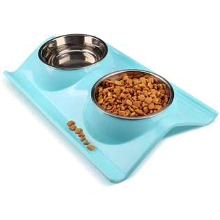 Emily Pets Stainless Steel Safety Healthy Cat/Puppy Double Food and Water Bowl (Blue)