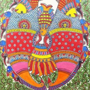 GiTAGGED® Madhubani Painting Peacock Fish Art (2×2.8ft)