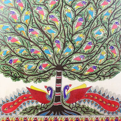 GiTAGGED Madhubani Painting Peacock Tree of Life Art (2