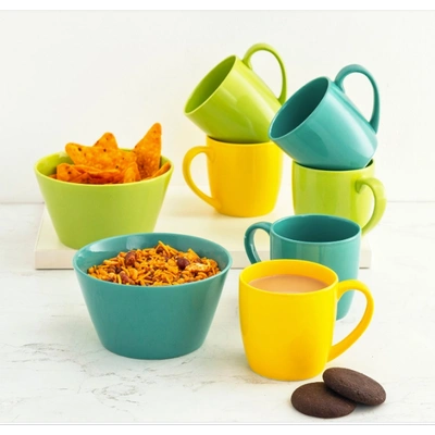 Ceramic Multicolor Munch Snack Set (6 Mugs + 2 Bowls)