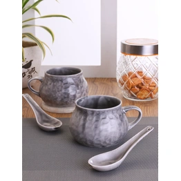 Ceramic Creme Soup Bowl & Cup with Spoon ,300ml, Set of 2+2 (HA3)