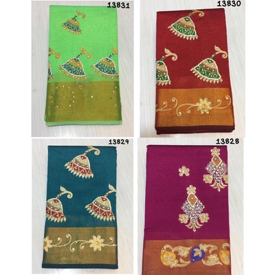 Cheapest Banaras Art Silk Plain Saree With Embroidery on Pallu