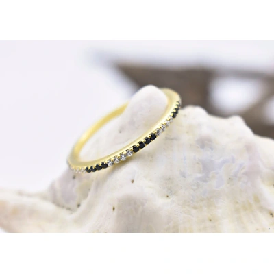 14K Solid Gold Black Diamond and Diamond Half Eternity Ring Precious Stacking Diamond Ring Dainty Minimal Statement Birthstone knuckle Ring