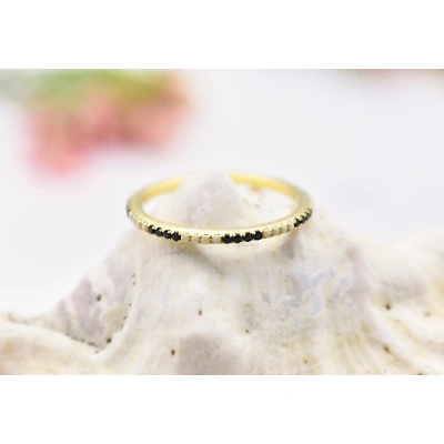 14K Solid Gold Black Onyx Moon Stone Half Eternity Ring Tiny Precious Stacking Diamond Ring Dainty Minimal Statement Birthstone knuckle Ring