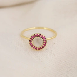 14K Solid Gold Ruby and Moonstone Precious Stone White Moonstone Ring Halo Engagement Ring Classic Birthstone Ring Sterling Silver Ring