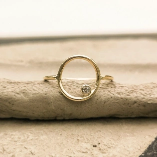 14K Solid Gold Round Tiny Crystal Karma Thin Ring Handmade Stacking Modernist Dainty Ring Minimalist Geometric Circle Unique Statement Ring