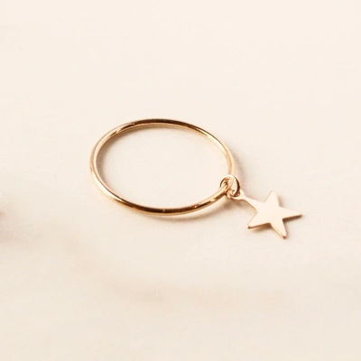 14K Gold Skinny Plain Band Star Charm Dainty Ring Handmade Minimalist Style Celestial Stacking Knuckle ring Statement Women Dangle Ring