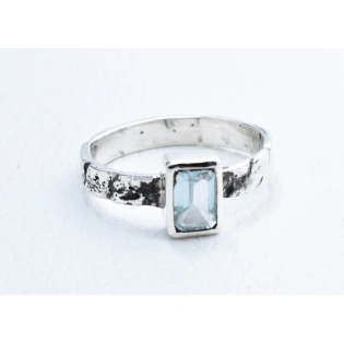 Blue Topaz Studded Hand Carved Silver Ring Classy Collection Natural Stone Ring Rectangle Stone Handmade Organic Ring Mothers' Day Gift Ring