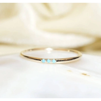 14K Solid Gold 1mm Turquoise Studded Dainty Ring Stacking Semi Precious Stone Minimalist Ring Inset Round Tiny handmade Unique Simple Ring