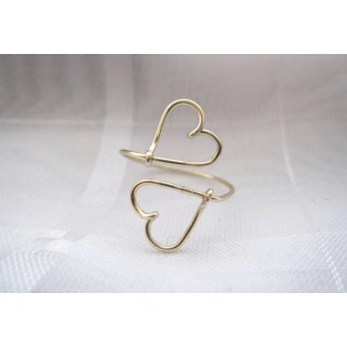 14K Gold Ring Solid Gold Double Sideways Open Heart Shape Wired Adjustable Ring Stacking Dainty Love Minimalist ring handmade Unique Ring