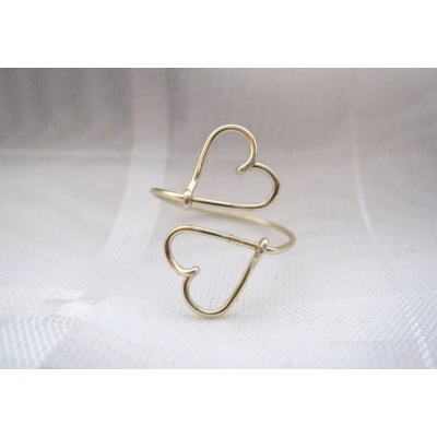 14K Gold Ring Solid Gold Double Sideways Open Heart Shape Wired Adjustable Ring Stacking Dainty Love Minimalist ring handmade Unique Ring