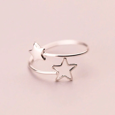 925 Solid Sterling Silver Double Star Design Adjustable Ring Dainty Unique Delicate Ring Minimalist Geometric Design Handmade Silver Ring