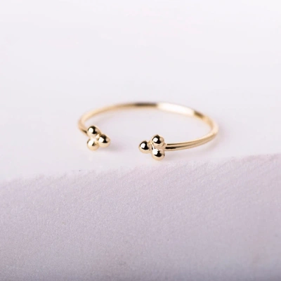 10K Solid Gold Dainty Three Ball Open Stacking Statement Adjustable Ring Love Minimalist Delicate Ring Simple Unique Handmade Open Bead Ring