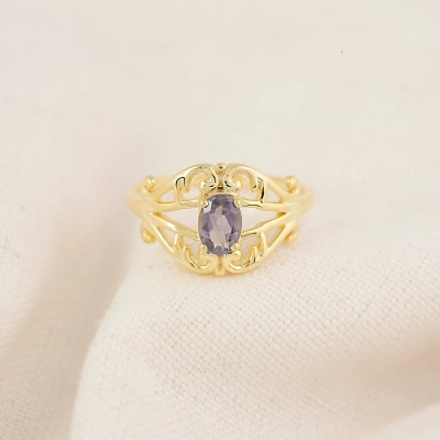 14K Solid Gold Iolite Studded Crown Ring Handmade Semi Precious Statement Stone Ring Dainty Minimal Statement Birthstone knuckle Thumb Ring