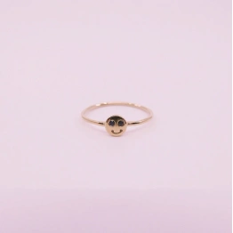 10K Solid Gold Dainty Smile Face Black Diamond Ring Minimalist Delicate Tiny Smiley Simple Unique Handmade Gold Unique Happy Stacking Ring