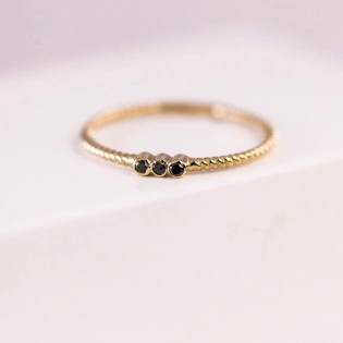 10K Solid Gold Tiny Black Diamond Ring Handmade Dainty Diamond Studded Delicate Stacking Gemstone Rope Ring Minimal Everyday Ring for Her