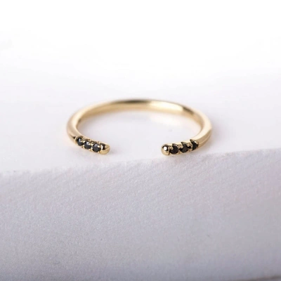 10K Solid Gold Inset Tiny Black Diamond Plain Cuff Ring Handmade Dainty Diamond Studded Delicate Stacking Gemstone Ring Minimal Open Band