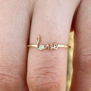 14K Solid Gold Scrip Love initial Diamond Thin Ring Handmade Stacking Dainty Inset Stone Ring Minimalist Love Unique Statement Band Ring