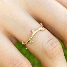 14K Solid Gold Tiny Diamond Plain Vine Leaf Ring Handmade Dainty Inset Diamond Delicate Stacking Gemstone Wavy Ring Minimalist leaves band