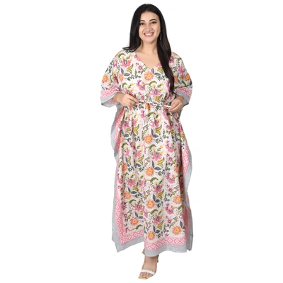 Fabric Venue Women's Ethnic Hand Block Print Cotton Maxi Kaftan Nightwear Dress Beach Wear Dress Floral Mugha Boota Kaftan