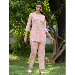 Light Pink Rayon Slub Quirky Printed Lace Embellished Night Suit