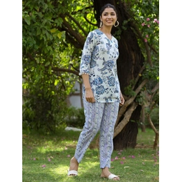 White And Blue Printed Cotton Short Kurta With Pants