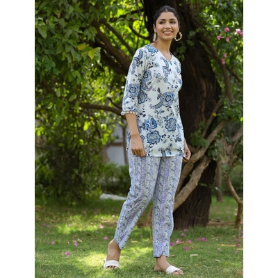 White And Blue Printed Cotton Short Kurta With Pants