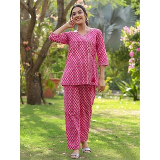 Pink And White Angrakha Printed Cotton Short Kurta With Pants