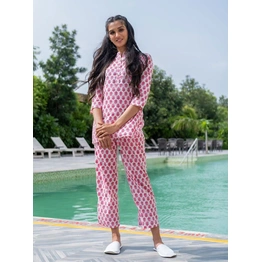 White Ethnic Print Cotton Loungewear Set With Side Pockets