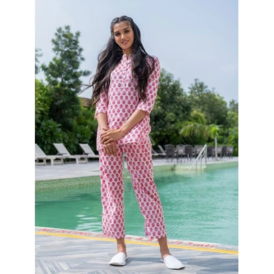 White Ethnic Print Cotton Loungewear Set With Side Pockets