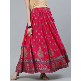 Rajasthani Kurti Women Pink Ethnic Printed Maxi Flared Skirt