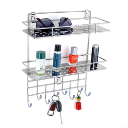 Kitchking Stainless Steel Perforated Key Holder Rack with 8 Hooks and Storage Shelf for Keys, Perfumes, and Sundries